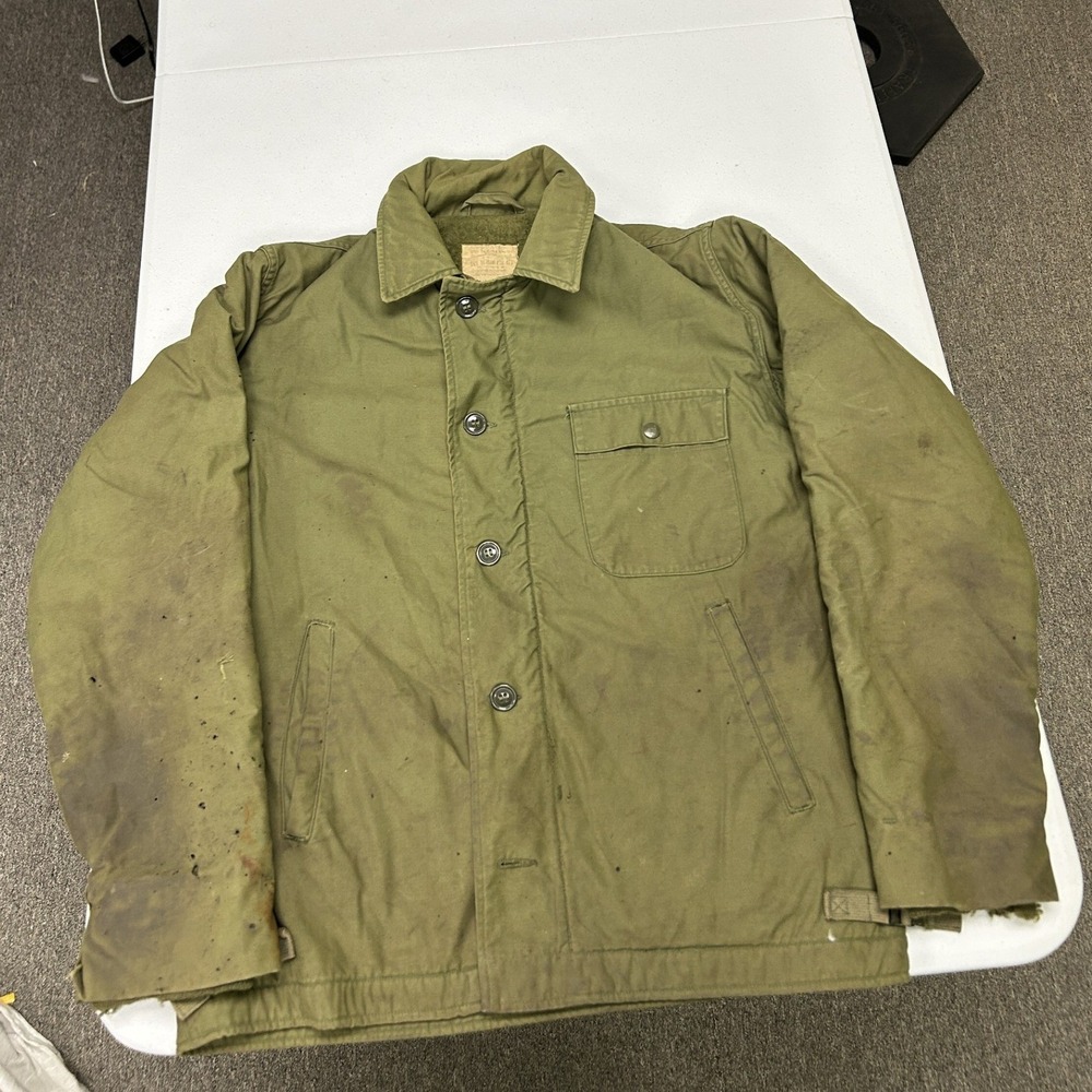 US Military A-2 Deck Jacket Mens Medium Green Distressed Stencil Cold Weather